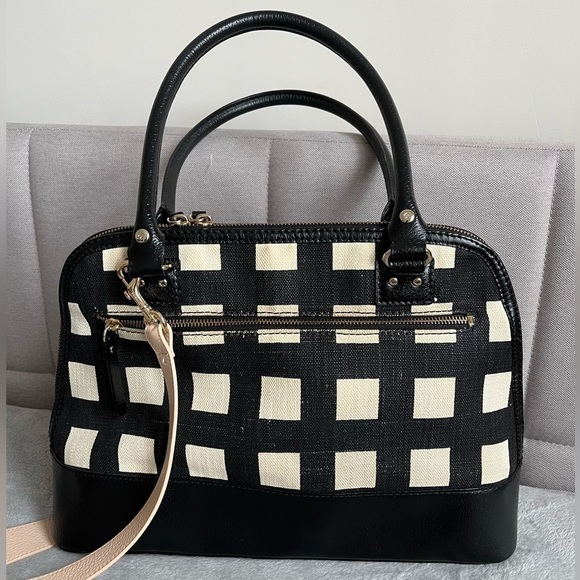 Kate Spade Checkered Shoulder Bag Black & Tan Leather & Canvas Medium Size Purse - Picture 2 of 11